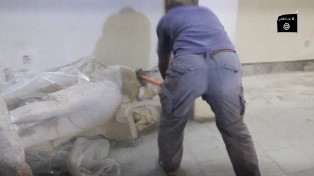 Destruction of artefacts and reproductions in Mosul Museum by Islamic State (MediaFire, 00h03m28s, 26th February 2015)